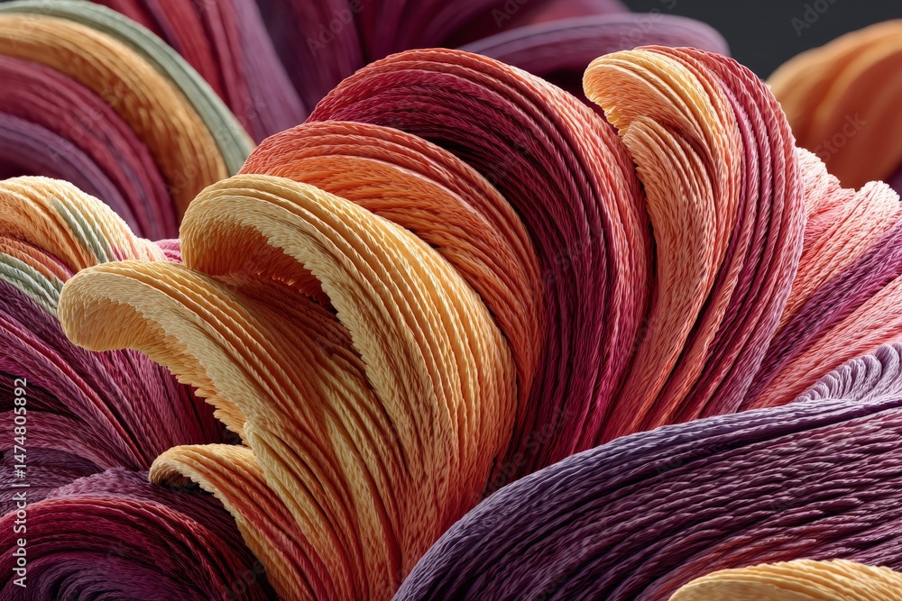 Fototapete Colorful swirling fibers create an artistic display in a close-up composition showcasing intricate textures and vibrant hues