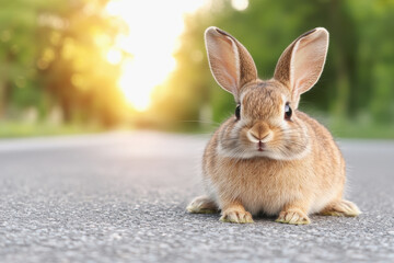 Obraz premium Curious rabbit sitting on a country road surrounded by nature creating a playful scene of wildlife interaction