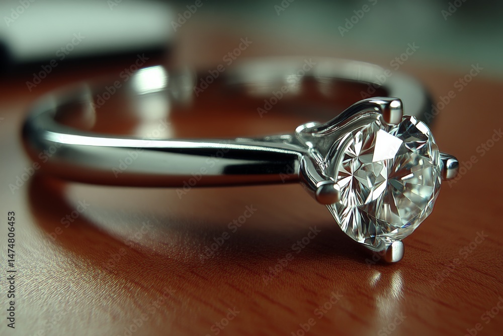 Poster gleaming diamond ring displayed on wooden surface in soft light, highlighting its intricate details 