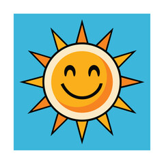 Cheerful smiling cartoon sun illustration radiating happiness and warmth on a vibrant blue background.