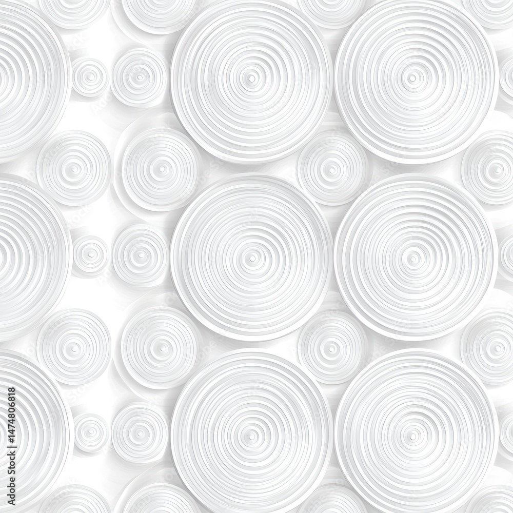 Poster abstract pattern of overlapping circles, light gray tones, creating a 3d effect on a white backgroun