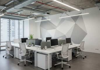 A modern office space with white desks computers and chairs under industrial ceiling and geometric wall art
