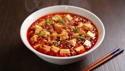 Spicy Mapo Tofu Dish in Bowl Steaming Hot Chinese Food