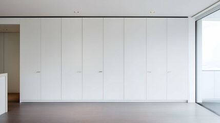 Modern interior with a wall of white cabinets and minimalist design elements