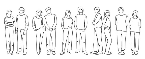 Vector silhouettes of men and women, group of standing  business people, profile, hand draw, linear sketch, black and white color, isolated on white background