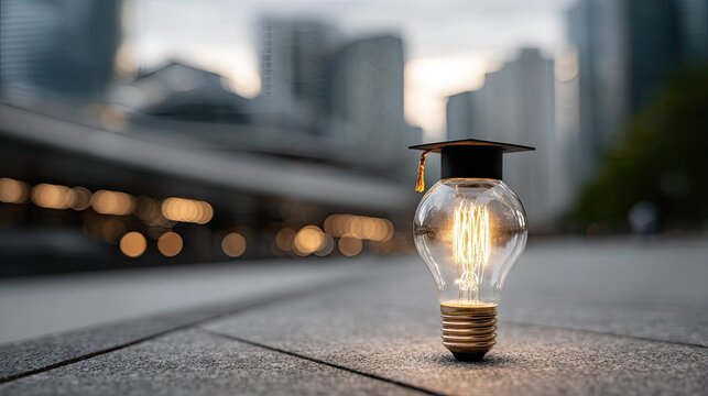 A light bulb adorned with an academic cap is placed against a backdrop of contemporary university structures, representing the fusion of education and innovation in business.