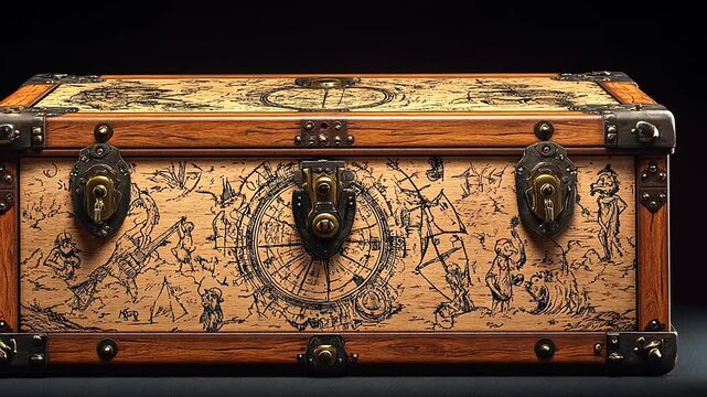 Antique chest with intricate carvings and compass design