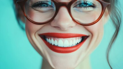 Close up on a cheerful young woman with big glasses and red lips smiling on a turquoise background - Powered by Adobe
