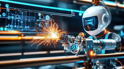 Robot action displaying precision manufacturing techniques futuristic industrial facility digital art high-tech environment close-up view innovation