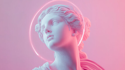 Ancient Greek sculpture of a woman with neon wire light	