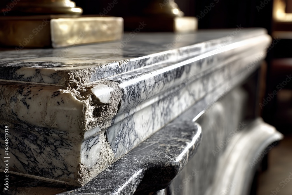Poster detailed close-up of a beautifully aged marble countertop showcasing its unique textures and imperfe