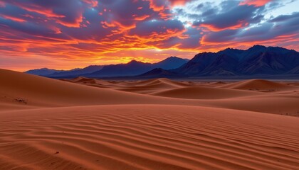 Naklejka premium as the sun painted the sky in hues of orange and purple, the vast expanse of desert sands shimmered, their grains kissed by the fiery light