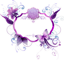 Purple Floral Frame with Butterfly and Ornate Elements