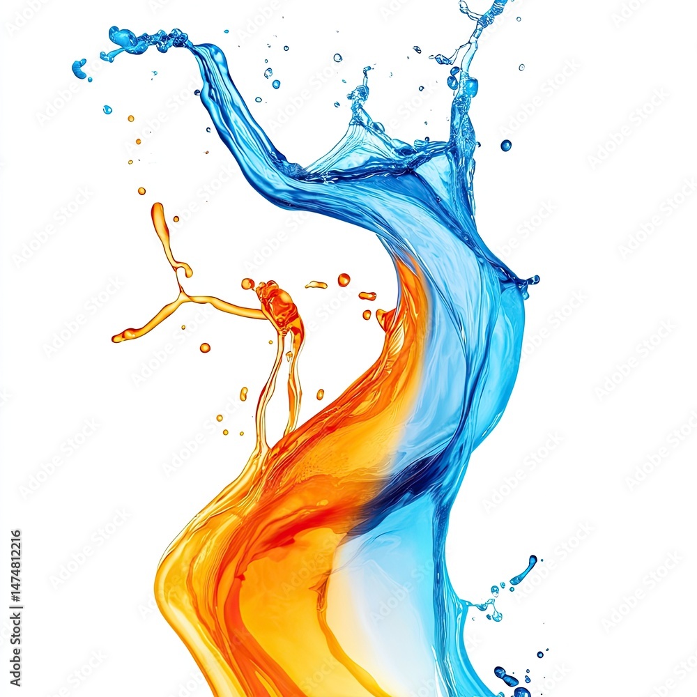 Poster vibrant splashes of blue and orange liquid, creating dynamic curves against a white background. intr