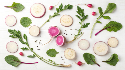 Flat Lay of Sliced and Whole Turnips on White Background &ndash; Rustic Yet Clean Layout Style