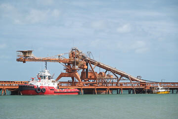 Ship loader, Weipa Queensland, industrial export coal bauxite mining, marina port naval transport