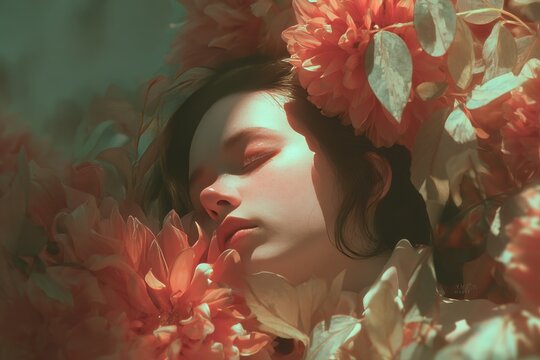 A serene young woman nestled amidst vibrant blossoms.