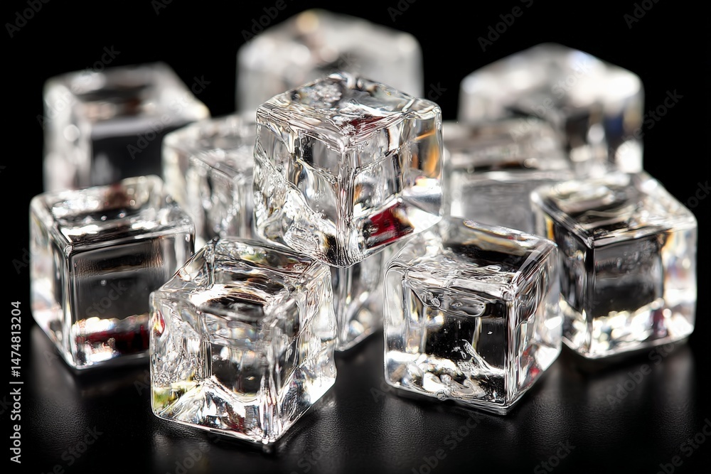 Fototapete Ice cubes arranged on a dark surface, showcasing their clarity and texture with reflections and shadows creating an appealing visual effect