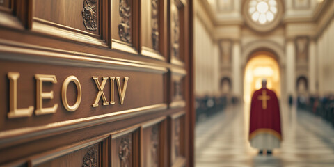 Letters forming the word "LEO XIV" with the Pope in the background, blurred in the Vatican. Rome, Italy. New Pope. Pope Leo XVI. Papa Leon XIV	
