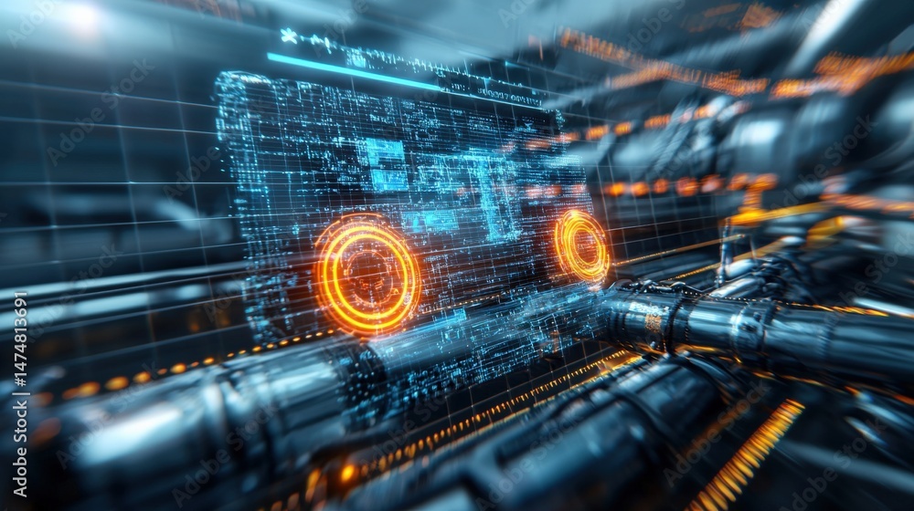 Poster dynamic digital interface futuristic environment technology visualization industrial setting close-u