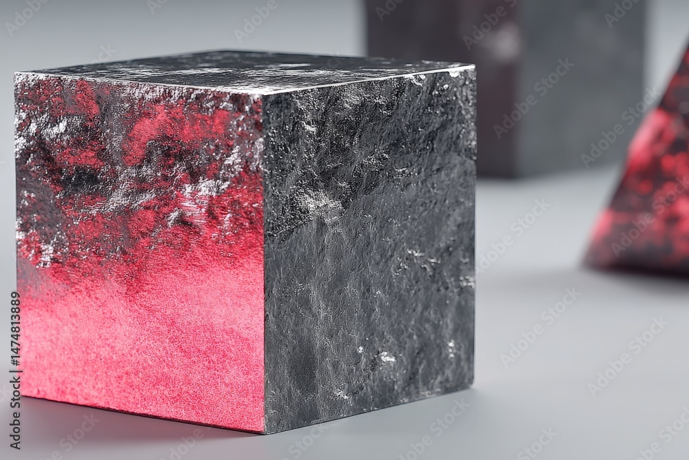 Poster Unique textured cube sculpture featuring red and black colors displayed on a minimalistic surface