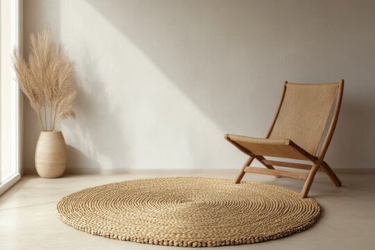 Minimalist, light-filled room with a wicker chair and round rug.  Natural light casts a subtle shadow. A vase of pampas grass adds a touch of bohemian flair