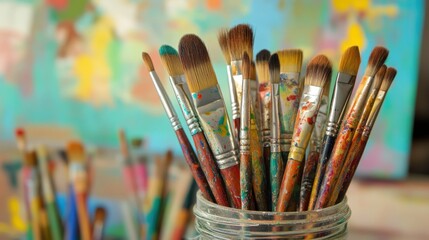 A Colorful Collection of Paintbrushes in a Glass Jar