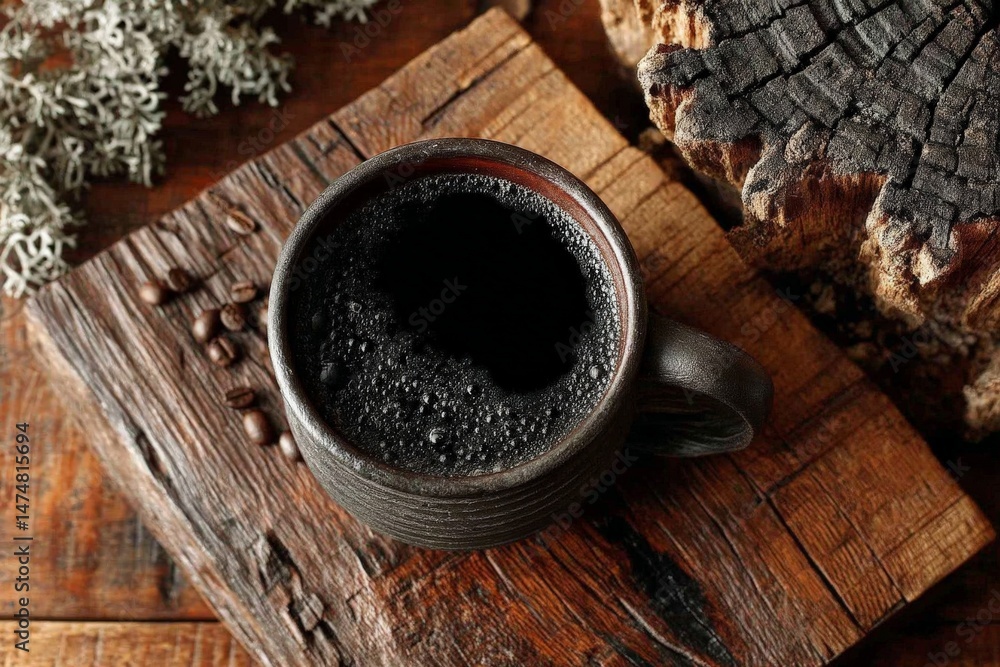 Poster rich and aromatic coffee served in a rustic mug on a wooden surface surrounded by natural elements