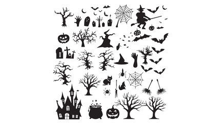 Halloween vector silhouettes spooky ghost pumpkin bat spider witch haunted house collection for graphic 