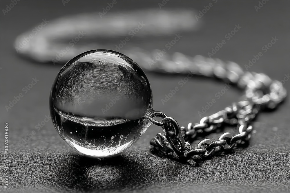 Poster Crystal orb pendant on a metallic chain with a smooth texture against a dark background