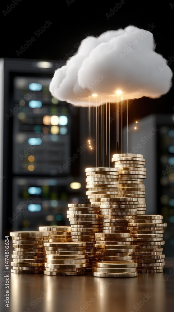 Aufkleber a glowing cloud shape and stacks of coins symbolize digital data transfer in a business technology c