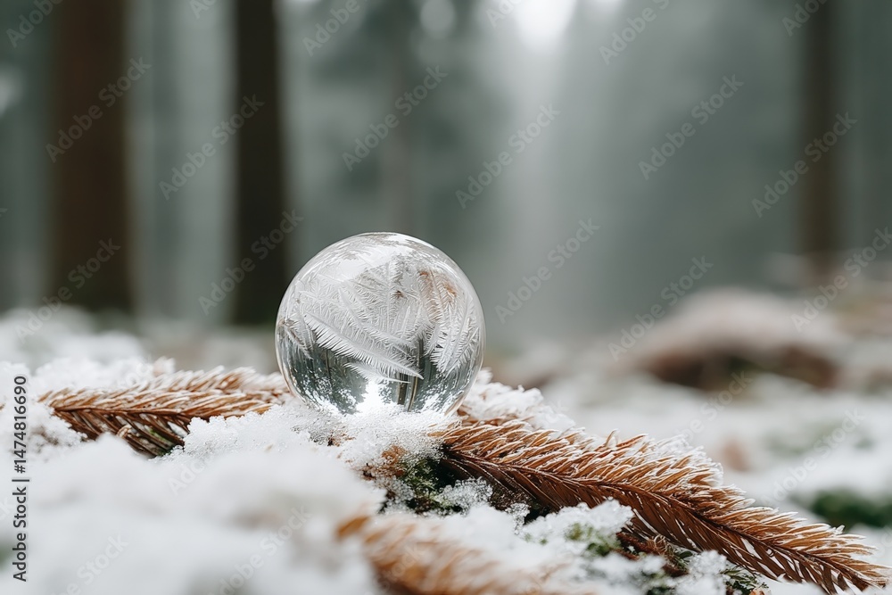 Poster winter forest with a crystal sphere reflecting snow-covered pine branches and misty trees in the bac