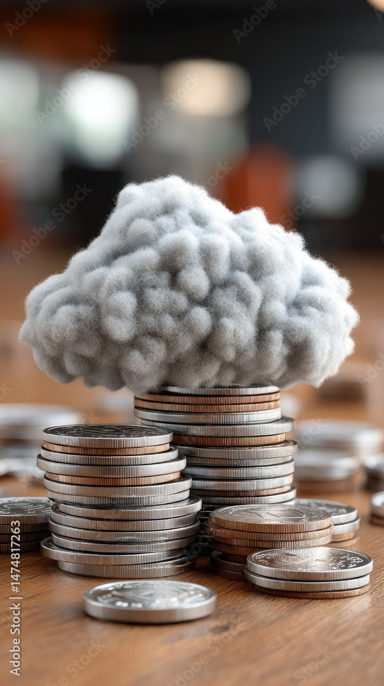 Aufkleber a glowing cloud shape and stacks of coins symbolize digital data transfer in a business technology c