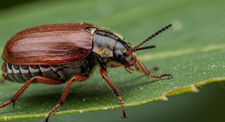 Naklejka premium Macrophotograph of a beetle on a leaf, close-up, enlarged details