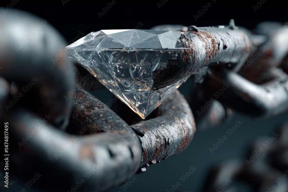 Poster shimmering diamond resting on a rusted chain symbolizing strength and luxury in a striking contrast