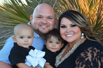 Happy family portrait parents and two toddlers smiling outdoors