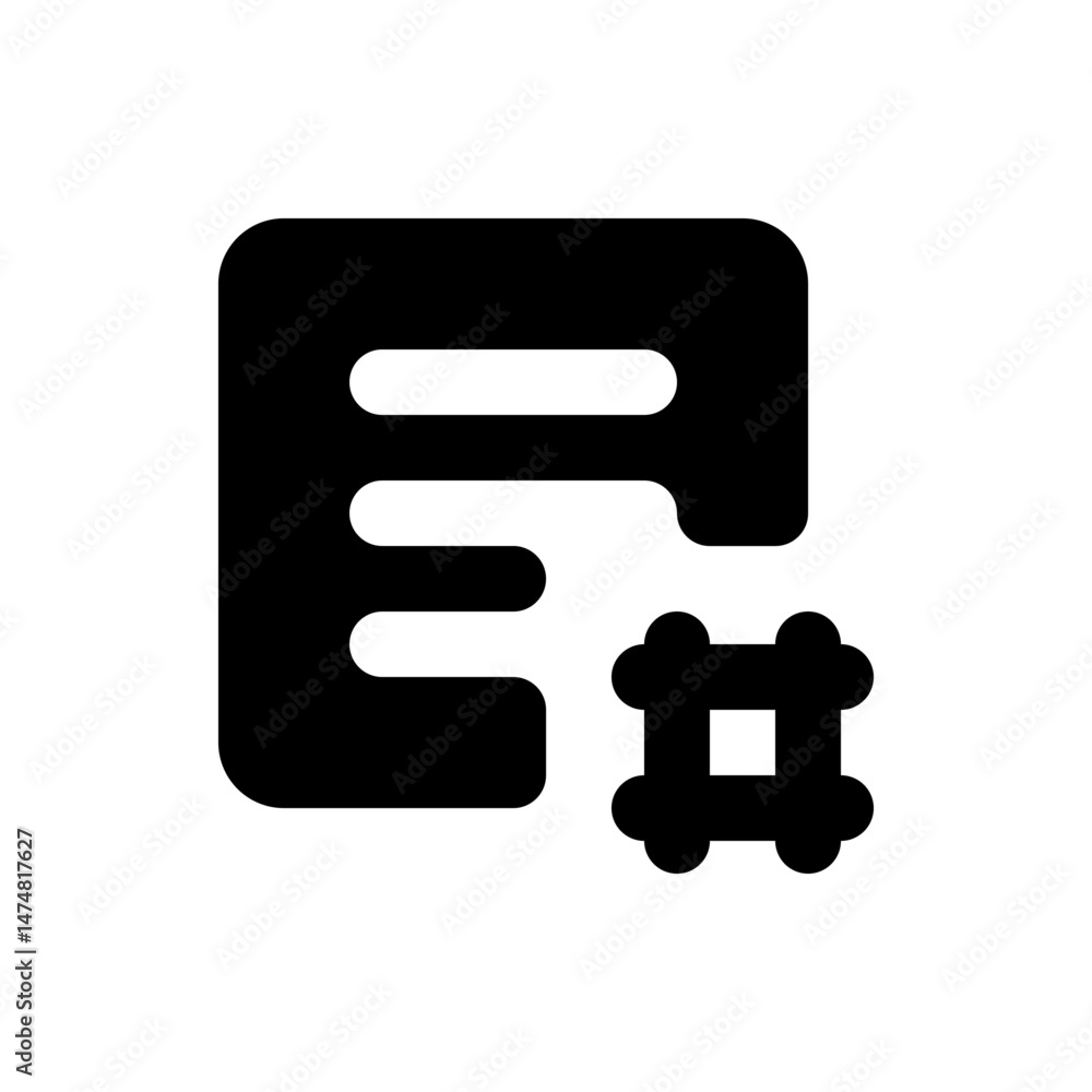 Poster black icon showing a document with three lines and a square with rounded edges on the lower right si
