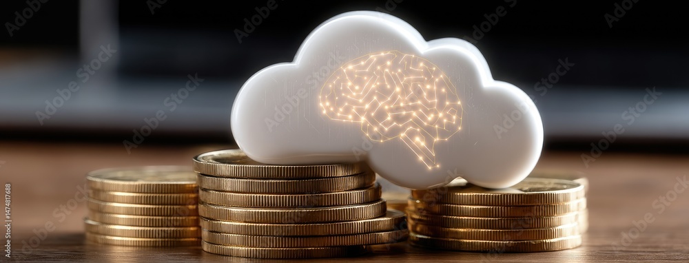 Aufkleber a glowing cloud shape and stacks of coins symbolize digital data transfer in a business technology c