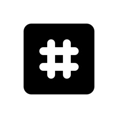Illustration of a white hashtag symbol centered on a black rounded square background in a simple style