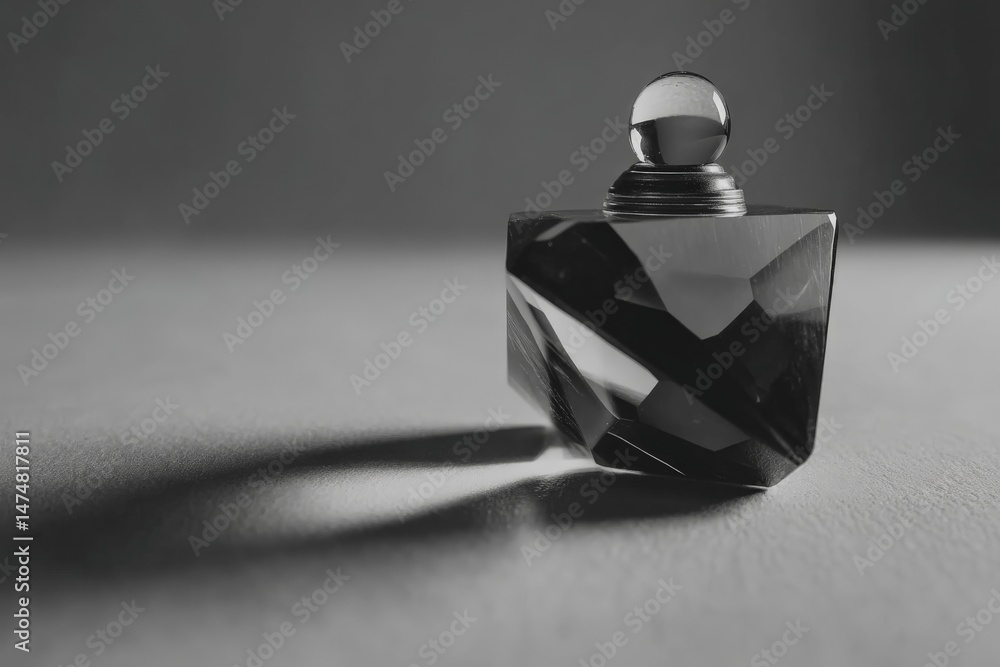 Poster Elegant crystal perfume bottle casting shadows on a surface during soft light