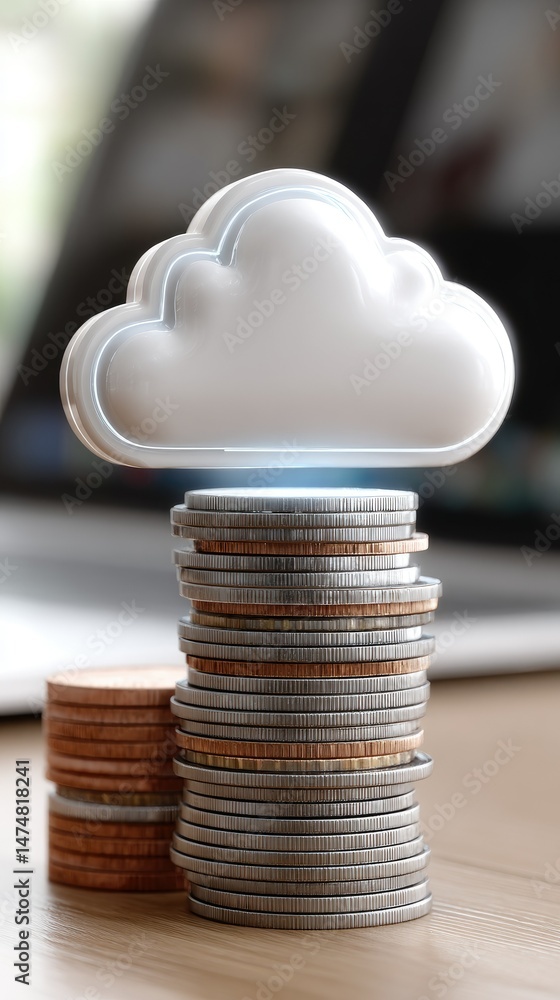 Aufkleber a glowing cloud shape and stacks of coins symbolize digital data transfer in a business technology c