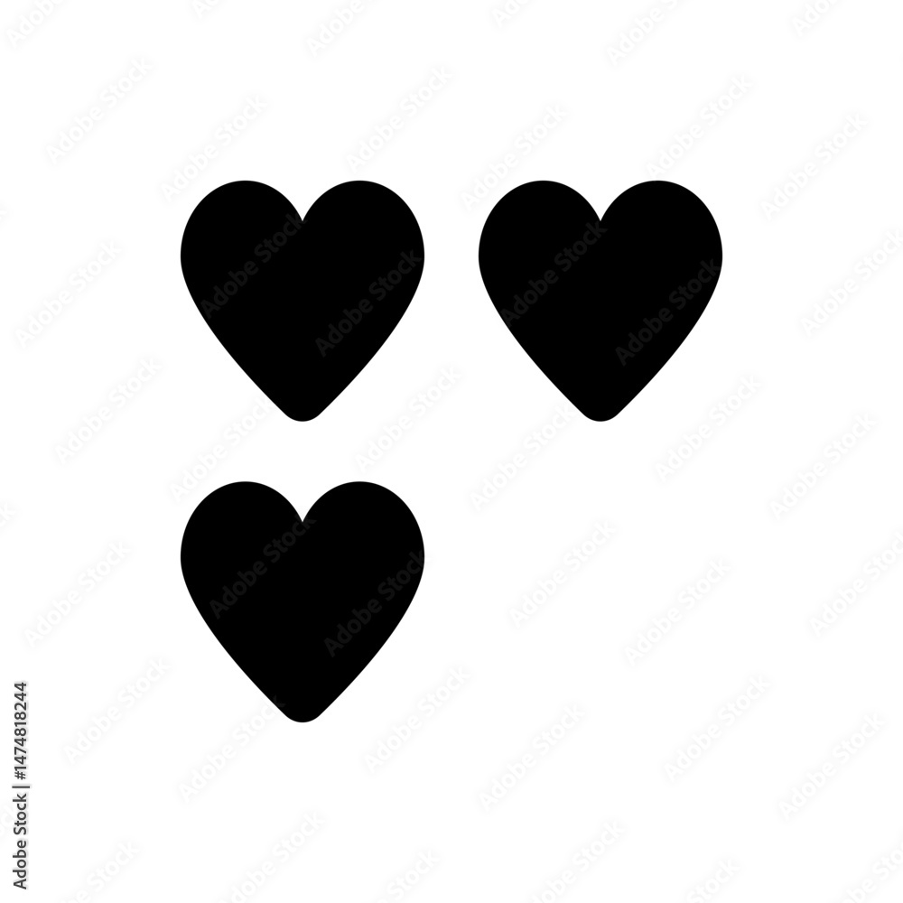 Poster three black heart shapes arranged on a white background creating a simple and minimalist design elem