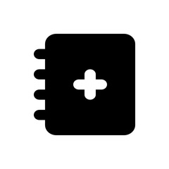 Fototapeta premium Black medical notebook with rounded corners and a white plus sign in the center representing health care