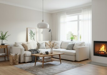 Fototapeta premium Bright living room with white sectional sofa fireplace and wooden coffee table and decor plants inside