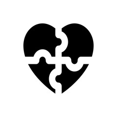 Black heart made of four puzzle pieces connected together to form a complete heart shape design icon