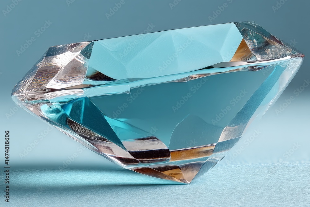 Poster crystal diamond sculpture showcasing clear and blue facets on a soft gray background with light refl