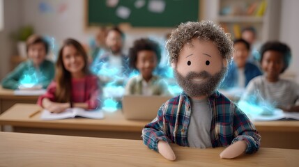 Fototapeta premium Puppet teacher, classroom setting, kids in background, educational scene, colorful