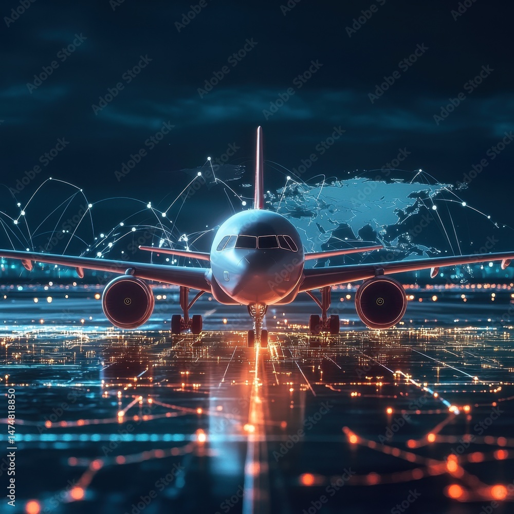 Poster airplane on runway with world map network connectivity