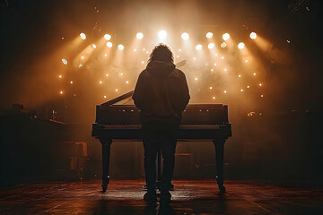 Silhouette musician at grand piano on stage warm stage lighting
