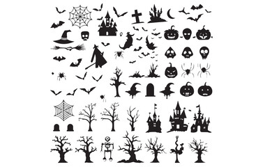 Naklejka premium Halloween vector silhouettes spooky ghost pumpkin bat spider witch haunted house collection for graphic 